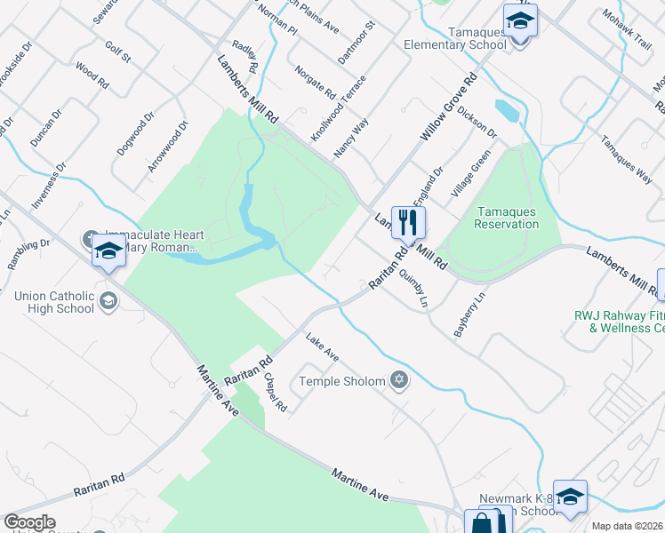 map of restaurants, bars, coffee shops, grocery stores, and more near 2115 Gamble Road in Scotch Plains