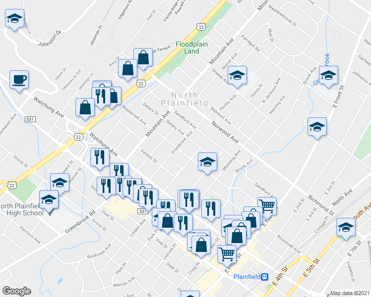 map of restaurants, bars, coffee shops, grocery stores, and more near 140 Westervelt Avenue in North Plainfield