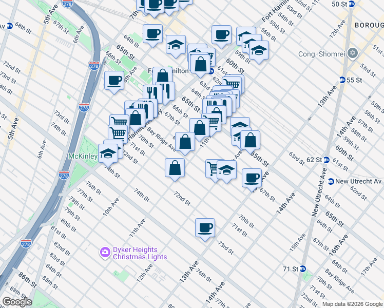 map of restaurants, bars, coffee shops, grocery stores, and more near 1055 68th Street in Brooklyn