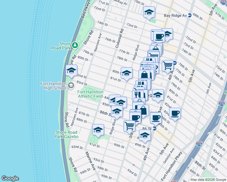 map of restaurants, bars, coffee shops, grocery stores, and more near 155 82nd Street in Brooklyn