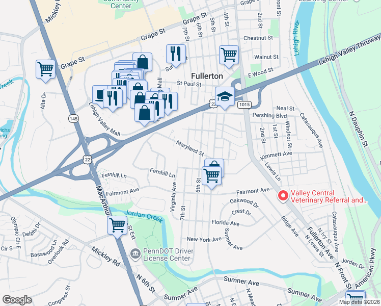map of restaurants, bars, coffee shops, grocery stores, and more near 410 6th Street in Fullerton