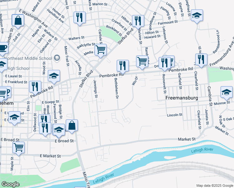 map of restaurants, bars, coffee shops, grocery stores, and more near Bethlehem Drive in Bethlehem