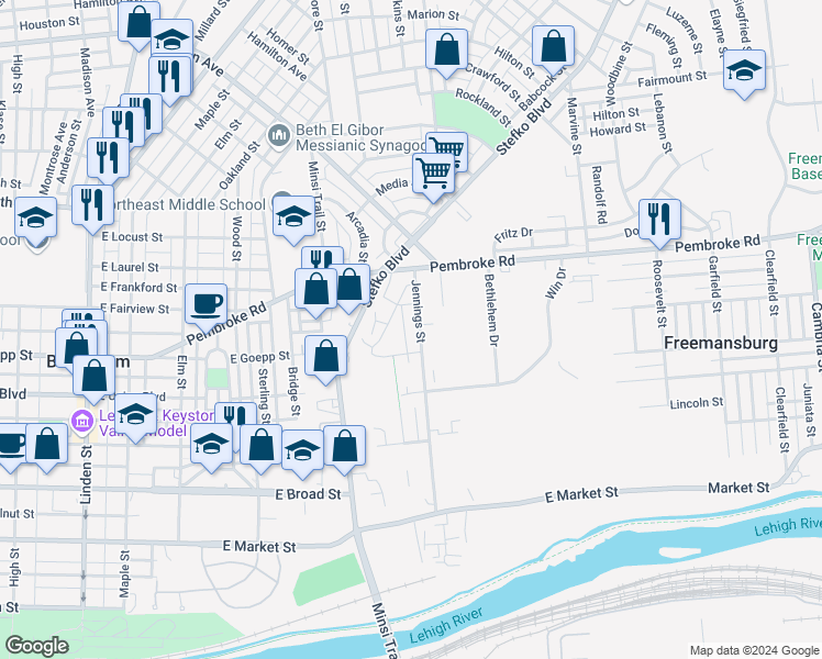 map of restaurants, bars, coffee shops, grocery stores, and more near 921 Jennings Street in Bethlehem