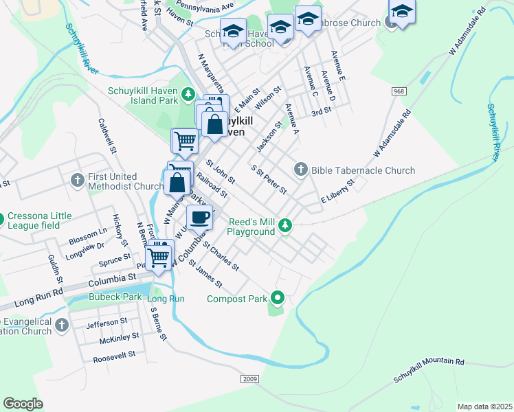 map of restaurants, bars, coffee shops, grocery stores, and more near 318 Saint John Street in Schuylkill Haven