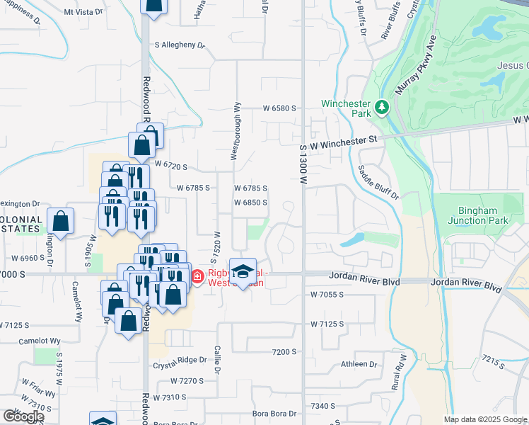 map of restaurants, bars, coffee shops, grocery stores, and more near 1386 West 6915 South in West Jordan