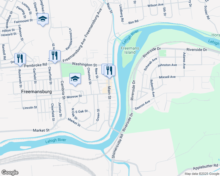 map of restaurants, bars, coffee shops, grocery stores, and more near 327 Main Street in Freemansburg