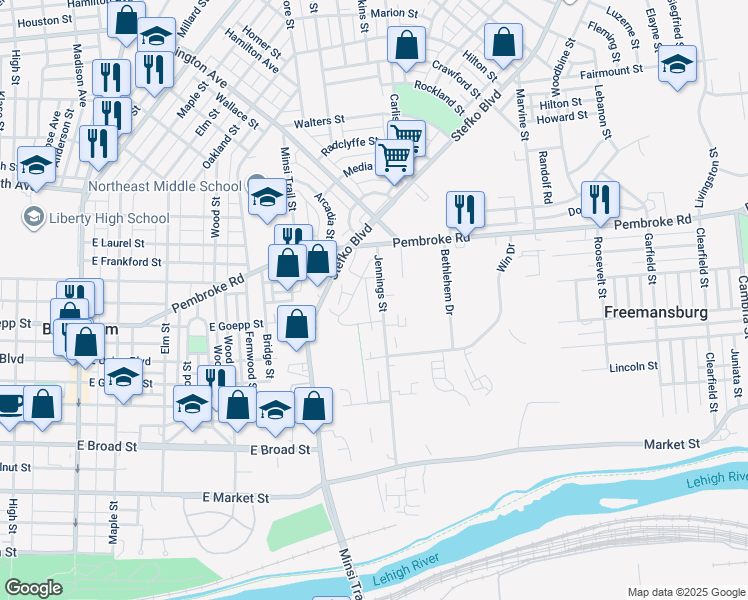 map of restaurants, bars, coffee shops, grocery stores, and more near 921 Jennings Street in Bethlehem
