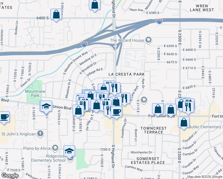 map of restaurants, bars, coffee shops, grocery stores, and more near 6811 South Highland Drive in Cottonwood Heights