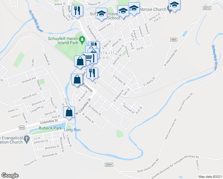 map of restaurants, bars, coffee shops, grocery stores, and more near 318 Saint John Street in Schuylkill Haven