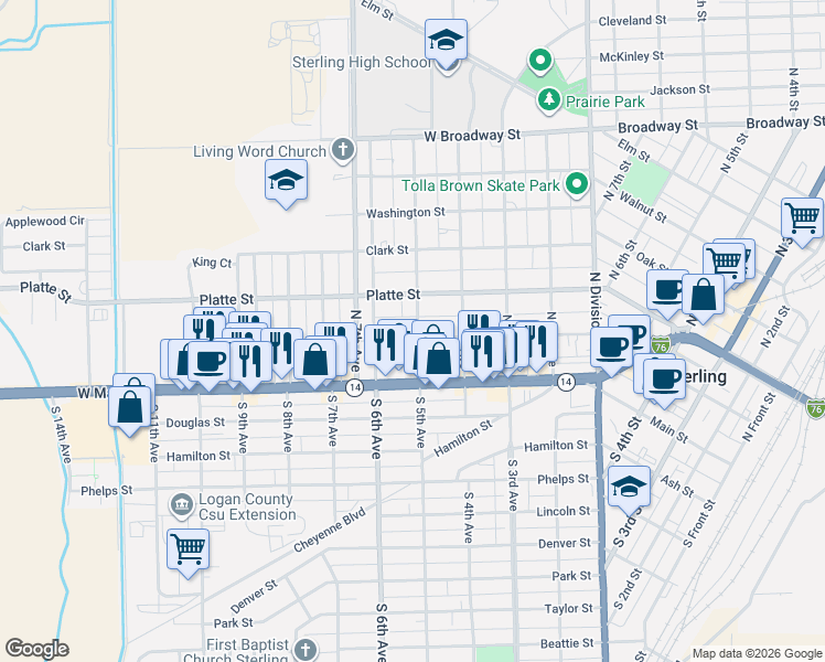 map of restaurants, bars, coffee shops, grocery stores, and more near 515 Platte Street in Sterling