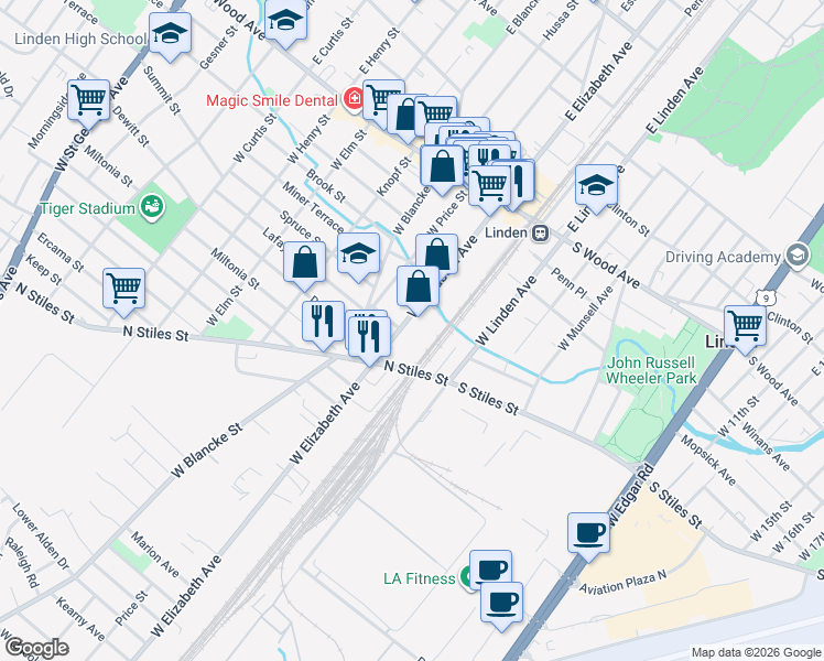 map of restaurants, bars, coffee shops, grocery stores, and more near 420 West Elizabeth Avenue in Linden