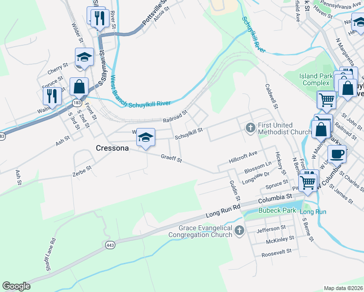 map of restaurants, bars, coffee shops, grocery stores, and more near 129 Schuylkill Street in Cressona