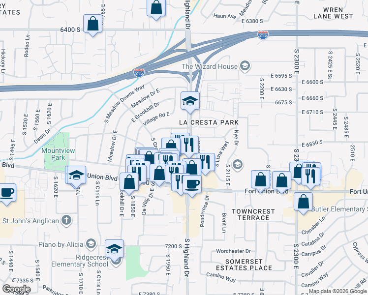 map of restaurants, bars, coffee shops, grocery stores, and more near 6811 South Highland Drive in Cottonwood Heights