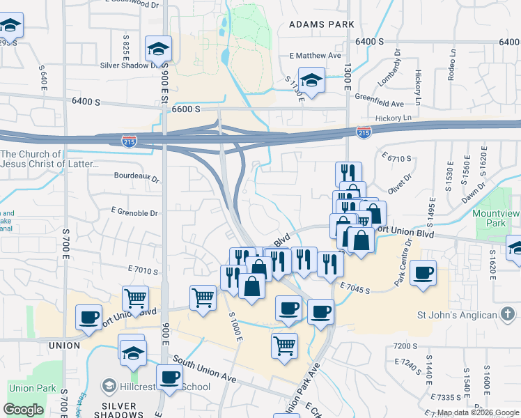 map of restaurants, bars, coffee shops, grocery stores, and more near 1059 6810 South in Cottonwood Heights