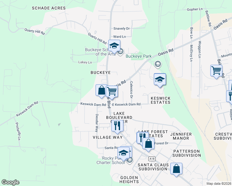 map of restaurants, bars, coffee shops, grocery stores, and more near 3375 Oasis Road in Redding