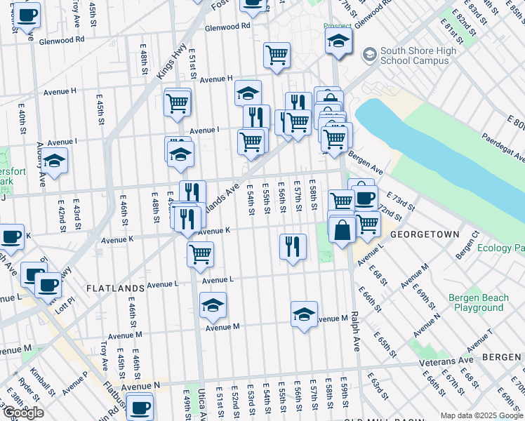 map of restaurants, bars, coffee shops, grocery stores, and more near 1208 East 55th Street in Brooklyn