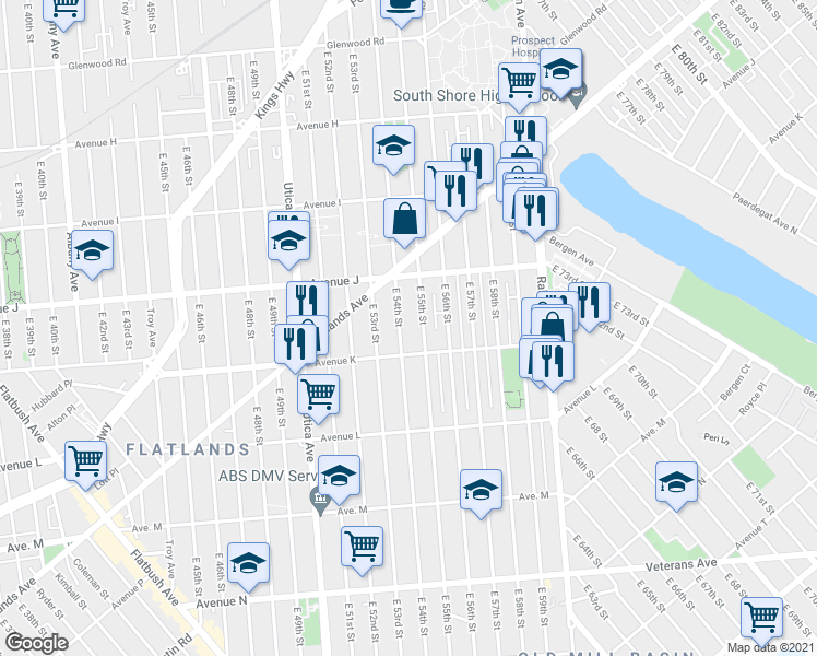 map of restaurants, bars, coffee shops, grocery stores, and more near 1208 East 55th Street in Brooklyn