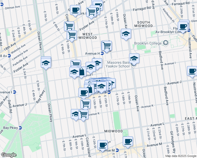 map of restaurants, bars, coffee shops, grocery stores, and more near 1424 Avenue I in Brooklyn