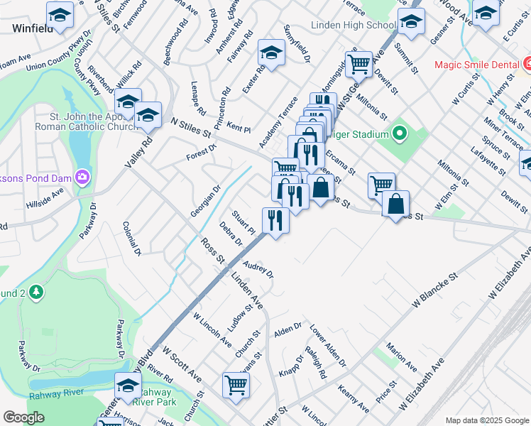 map of restaurants, bars, coffee shops, grocery stores, and more near 1121 Karen Terrace in Linden