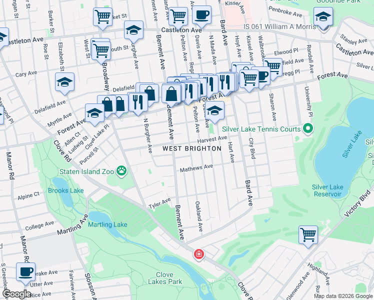map of restaurants, bars, coffee shops, grocery stores, and more near 111 Harvest Avenue in Staten Island