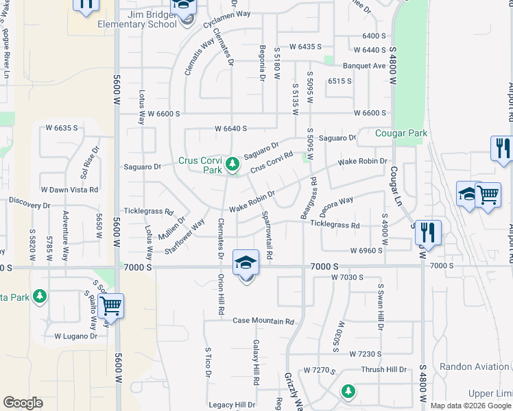 map of restaurants, bars, coffee shops, grocery stores, and more near 6838 Sparrowtail Road in West Jordan