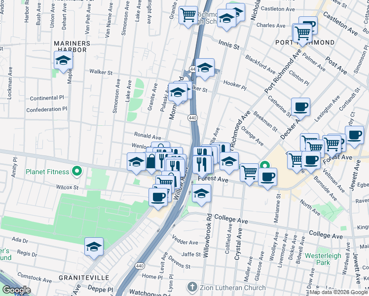 map of restaurants, bars, coffee shops, grocery stores, and more near 65 Bowles Avenue in Staten Island