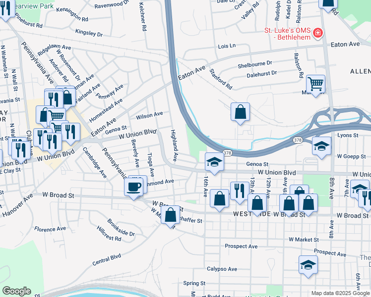 map of restaurants, bars, coffee shops, grocery stores, and more near 931 Stratford Street in Bethlehem