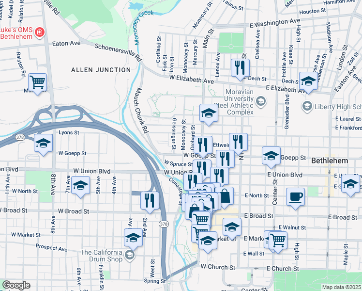 map of restaurants, bars, coffee shops, grocery stores, and more near 919 Monocacy Street in Bethlehem