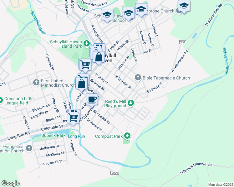 map of restaurants, bars, coffee shops, grocery stores, and more near 314 Saint John Street in Schuylkill Haven
