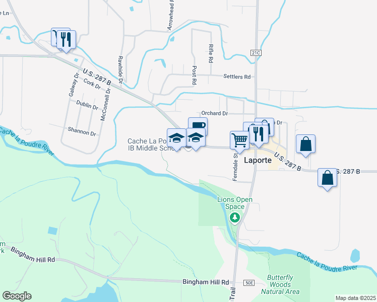 map of restaurants, bars, coffee shops, grocery stores, and more near 3515 County Road 54G in Laporte
