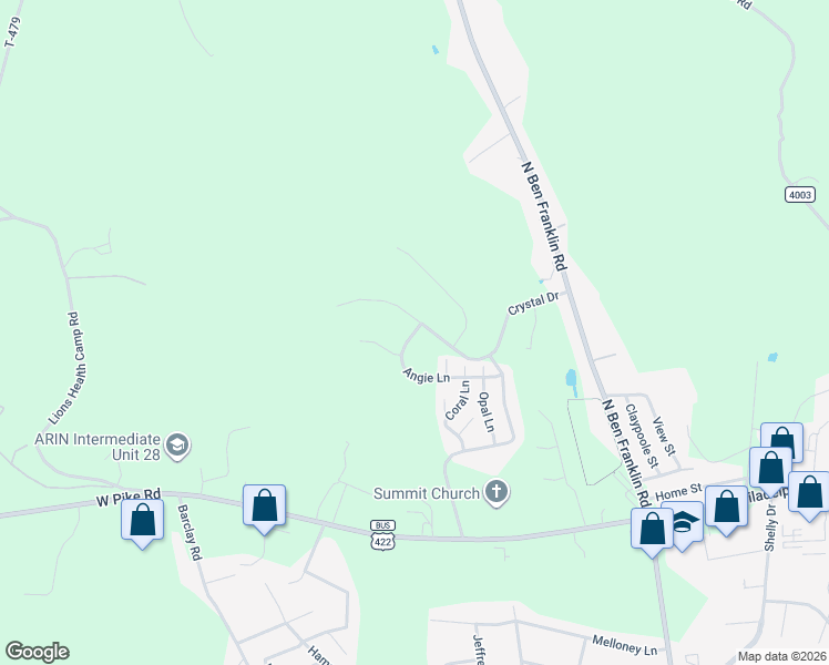 map of restaurants, bars, coffee shops, grocery stores, and more near 607 Angie Lane in Indiana