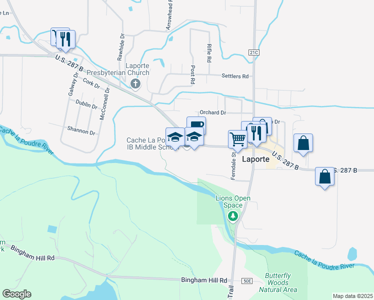 map of restaurants, bars, coffee shops, grocery stores, and more near 3515 County Road 54G in Laporte