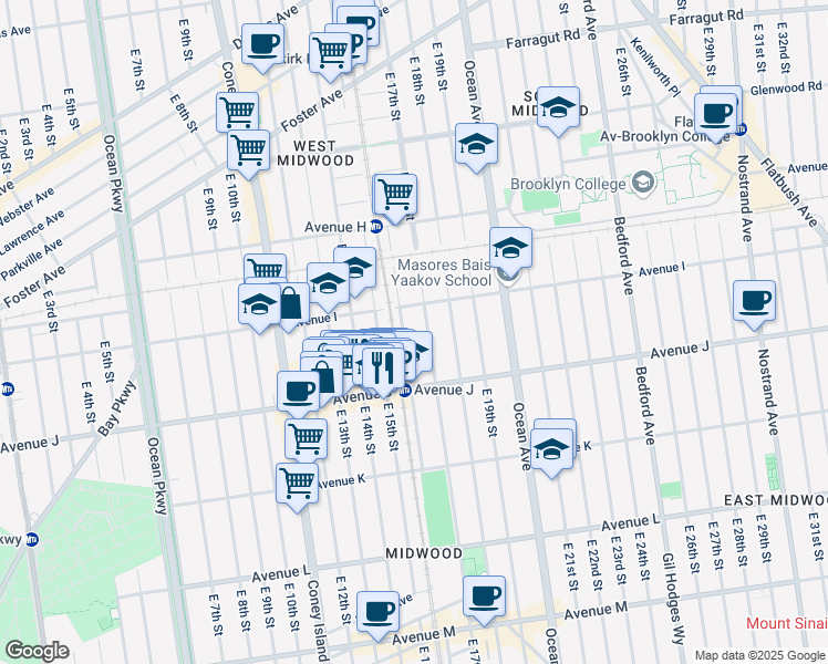 map of restaurants, bars, coffee shops, grocery stores, and more near 1602 Avenue I in Brooklyn