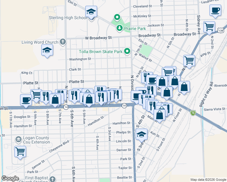 map of restaurants, bars, coffee shops, grocery stores, and more near 228 North 3rd Avenue in Sterling