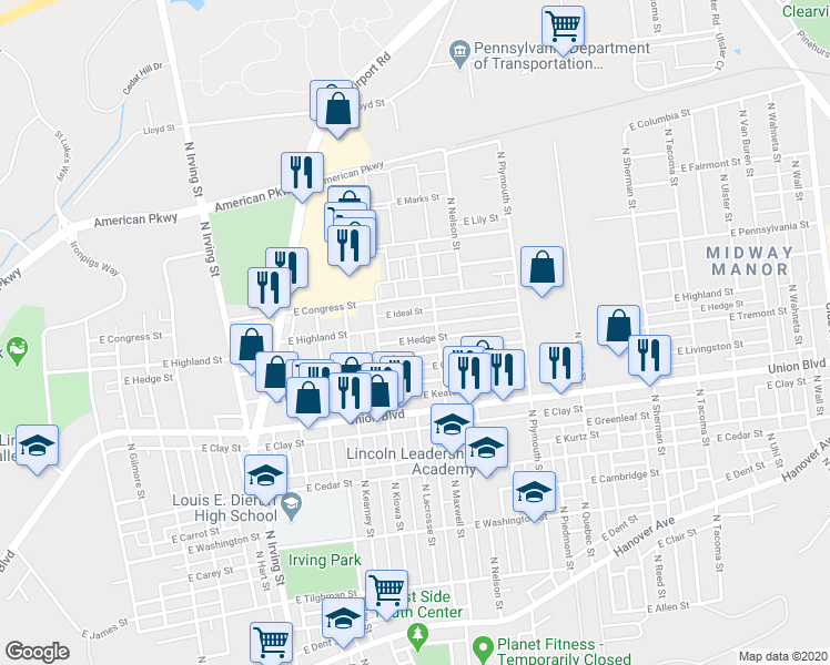 map of restaurants, bars, coffee shops, grocery stores, and more near 1210 East Highland Street in Allentown