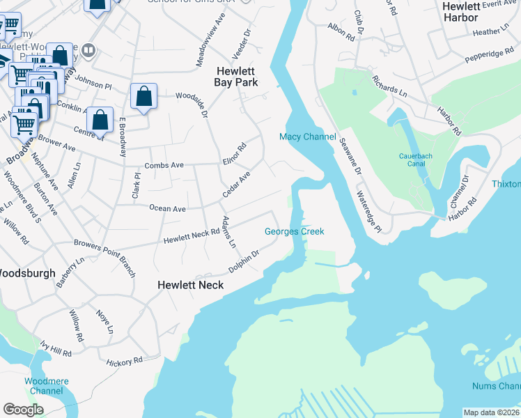 map of restaurants, bars, coffee shops, grocery stores, and more near 316 Hewlett Neck Road in Woodmere