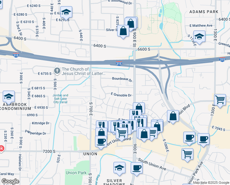 map of restaurants, bars, coffee shops, grocery stores, and more near 805 East Grenoble Drive in Midvale