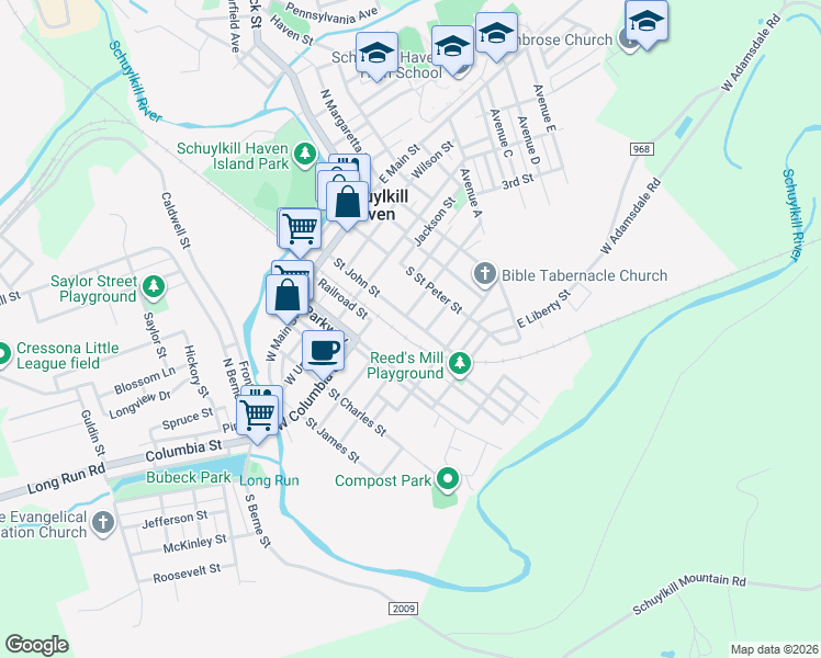 map of restaurants, bars, coffee shops, grocery stores, and more near 216 Saint John Street in Schuylkill Haven
