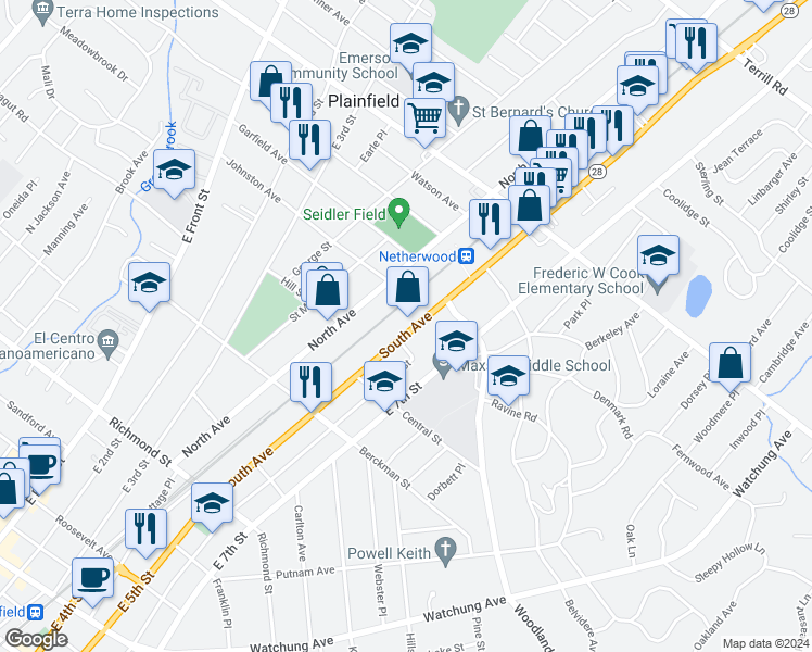 map of restaurants, bars, coffee shops, grocery stores, and more near 919 South Avenue in Plainfield