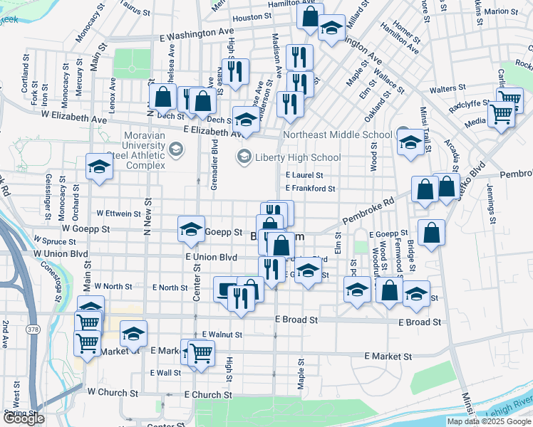 map of restaurants, bars, coffee shops, grocery stores, and more near 253 East Ettwein Street in Bethlehem