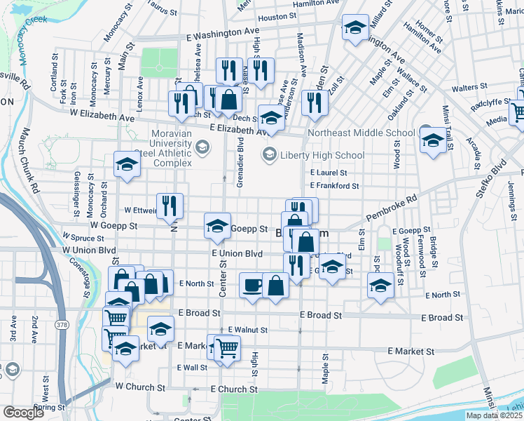 map of restaurants, bars, coffee shops, grocery stores, and more near 932 High Street in Bethlehem
