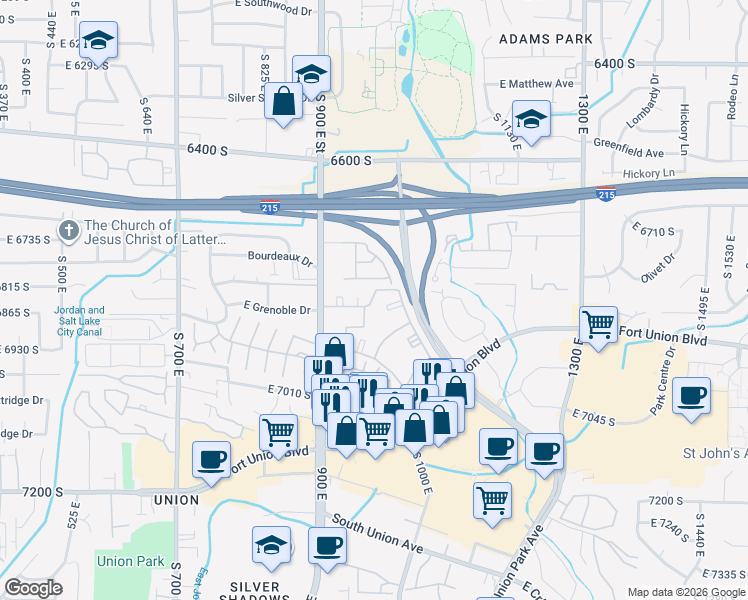 map of restaurants, bars, coffee shops, grocery stores, and more near 962 East 6795 South in Midvale