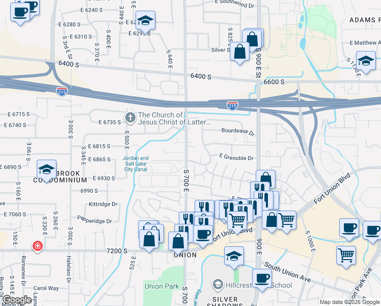 map of restaurants, bars, coffee shops, grocery stores, and more near 723 Dorado Court in Midvale