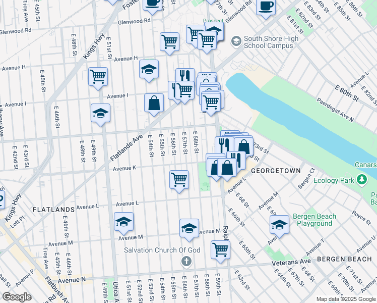 map of restaurants, bars, coffee shops, grocery stores, and more near 1109 East 58th Street in Brooklyn