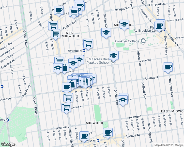map of restaurants, bars, coffee shops, grocery stores, and more near 1620 Avenue I in Brooklyn