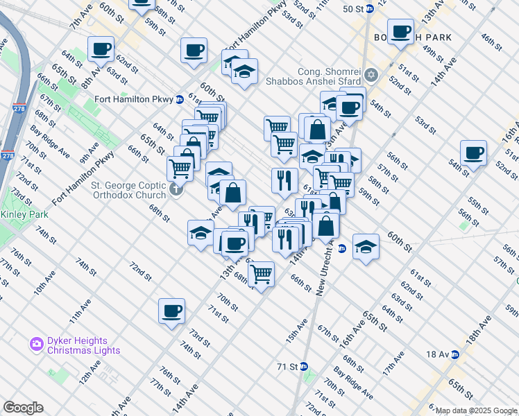 map of restaurants, bars, coffee shops, grocery stores, and more near 1261 63rd Street in Brooklyn