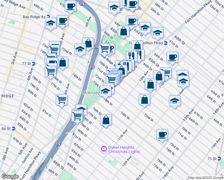 map of restaurants, bars, coffee shops, grocery stores, and more near 7122 Fort Hamilton Parkway in Brooklyn