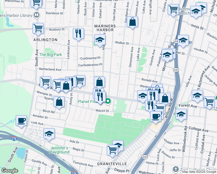 map of restaurants, bars, coffee shops, grocery stores, and more near 339 Van Pelt Avenue in Staten Island