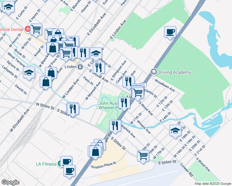 map of restaurants, bars, coffee shops, grocery stores, and more near 530 South Wood Avenue in Linden