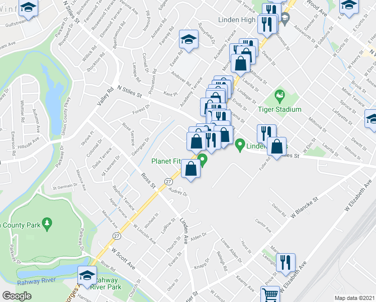 map of restaurants, bars, coffee shops, grocery stores, and more near 1121 Karen Terrace in Linden